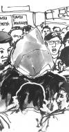 Representação do agente da PSP, já encapuçado, no anfiteatro do ISCEF (excerto de desenho da autoria de Rosário Felix)