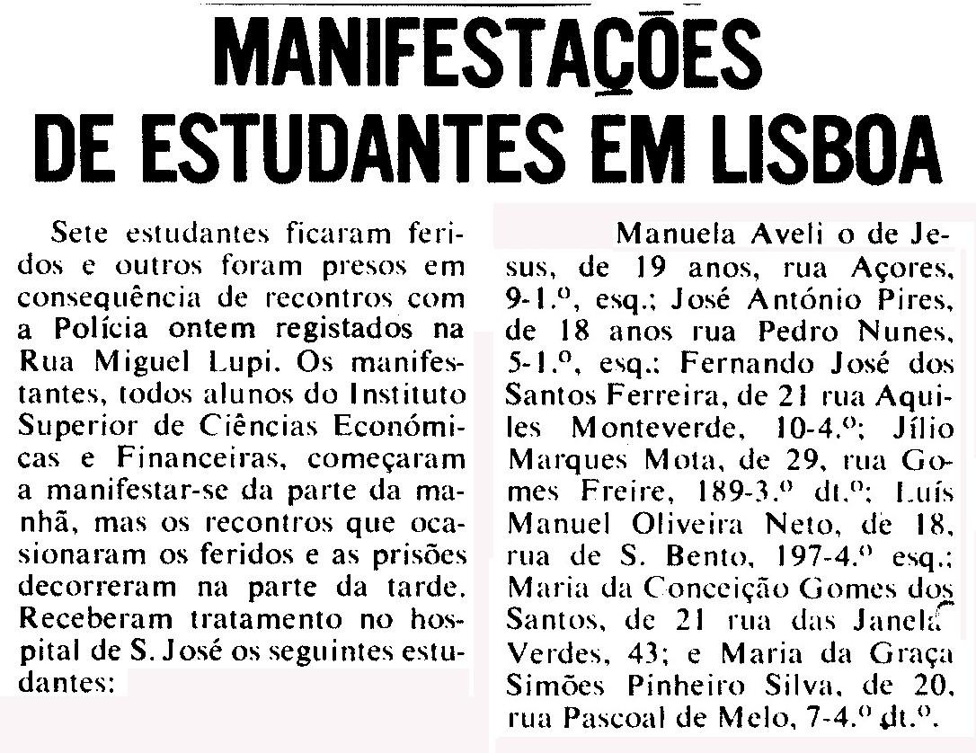 Notícia sobre manifestações, feridos e presos junto ao ISCEF, 16-05-1972