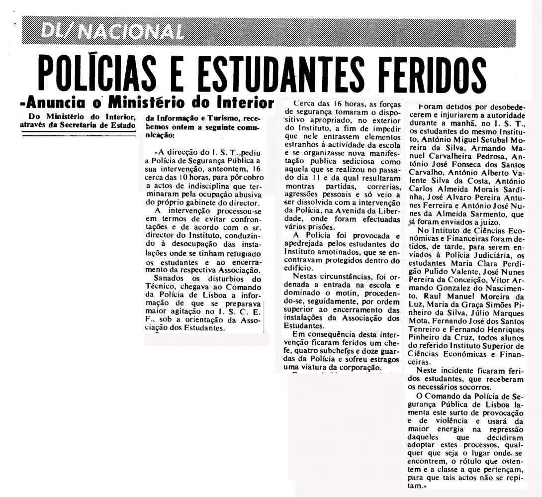 Nota oficiosa do ministério do Interior sobre as inavsões policiais, com feridos e presos, das instalações do IST e do ISCEF, 17-05-1972